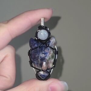 Handcrafted Blue Sodalite & Moonstone In Black Wire-Wrapped Pendant